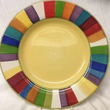 PHILIPPE RICHARD RAINBOW STRIPES DINNER PLATE 10 7/8" YELLOW CENTER HAND PAINTED