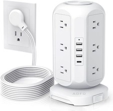 Tower Power Strip Flat Plug with 12 Outlets 4 USB 1 USB C ,AOFO 10FT, White