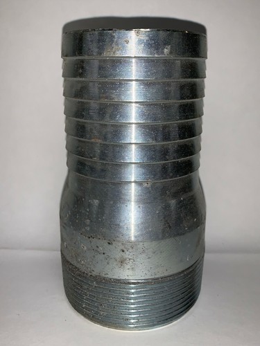 STEEL, BARBED HOSE FITTING, 3" BARBED OD, 3-1/2" THREAD, 6" OAL