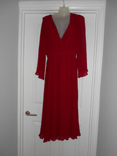 Zara Red Pleated Long Sleeve V-Neck Cross-Over Style Long Dress - M/UK10