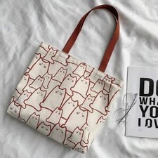 NEW CUTE CAT CANVAS TOTE SHOULDER BAG WITH ZIPPER KITTEN ALL OVER PRINT