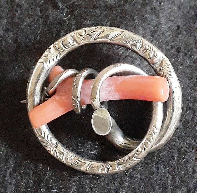  Art Nouveau Red Coral Branch on Gold Filled Love Knot Brooch/Pin
