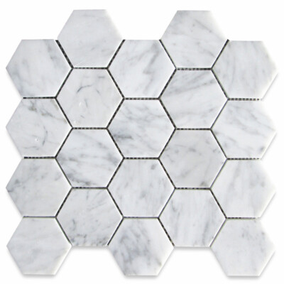 C33XP Carrara White Venato Marble 3'' Hexagon Mosaic Wall Floor Tile Polished