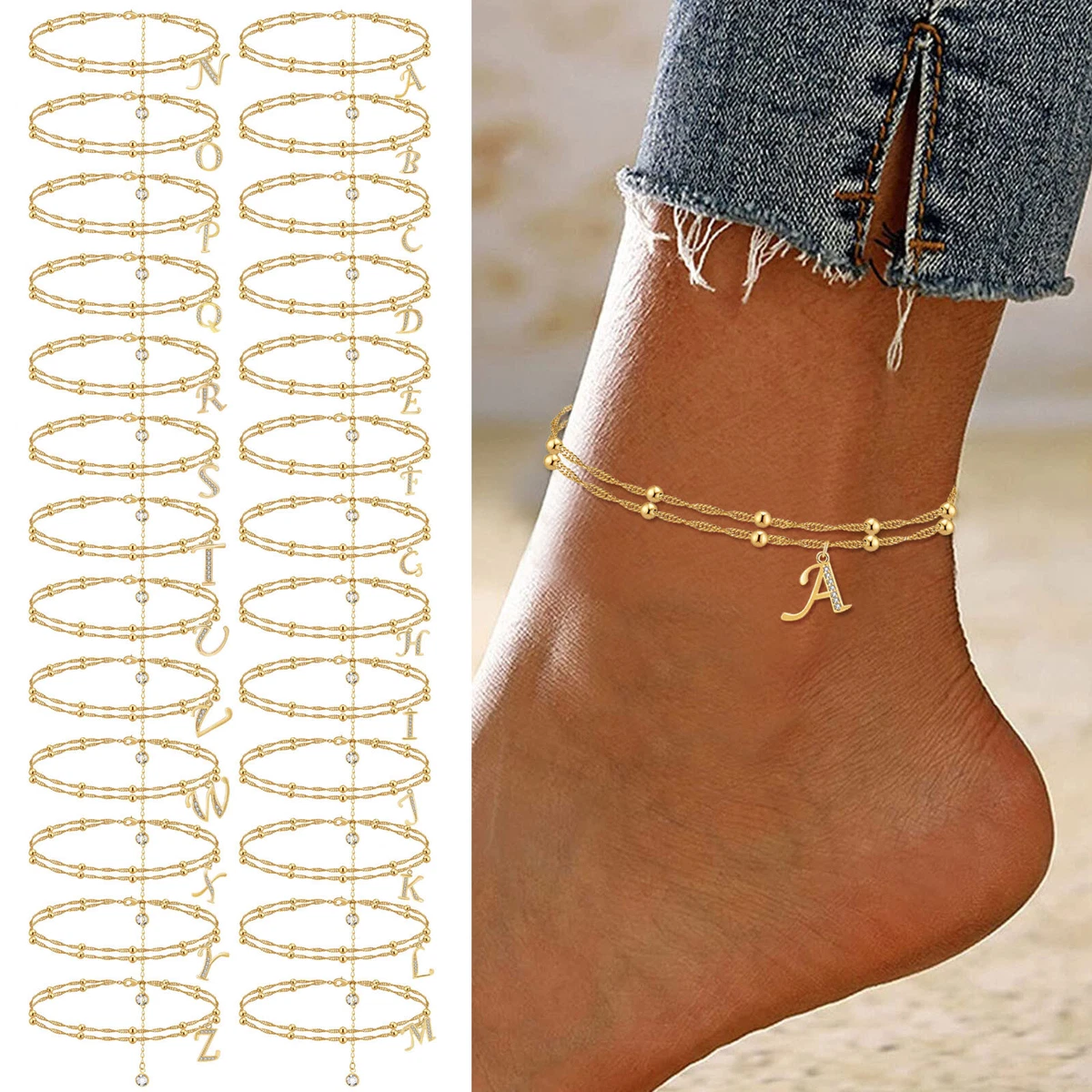 Ankle Bracelets For Women Gold Plated Dainty Layered Heart Initial