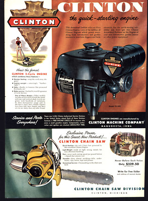 1953 CLINTON QUICK STARTING 2- CYCLE CHAIN SAW MACHINE VINTAGE PRINT AD