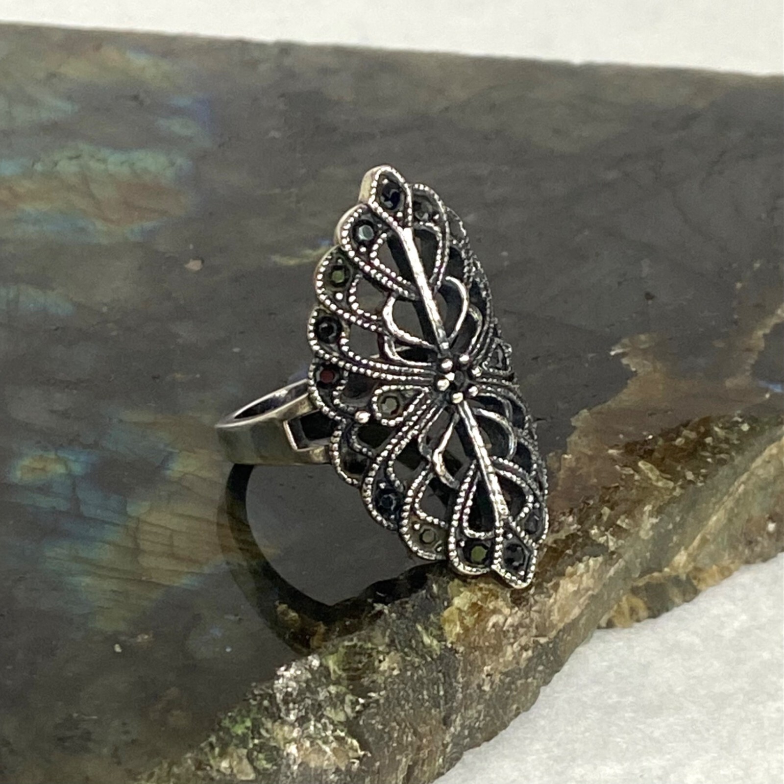 Sterling Silver 925 Openwork Scrollwork Wide Blac… - image 4