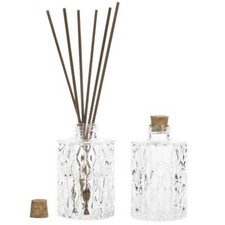 2-PC Diamond-Faceted Clear Classic Embossed Diffuser Glass Bottles w/ Cork Lids