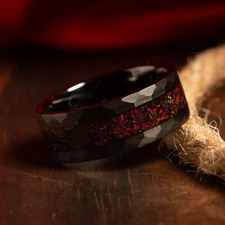 Crushed Black Fire Opal Hammered Tungsten Band Mens Ring, Comfort Fit