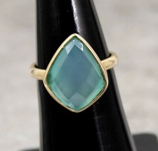925 Sterling Silver Gold Plated Jewelry Aqua Chalcedony Gemstone Ring Size 6