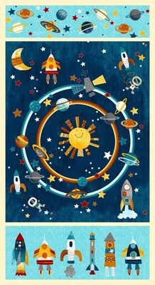 Planet Sun Rocket Space Fabric 24''X44'' Panel Space Adventure Cotton by Studio E
