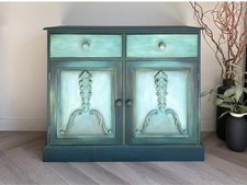 Vintage Solid Pine Cabinet, Hand Painted Dark Green & Teal