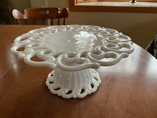 Fostoria Monroe White Milk Glass Pedestal Cake Stand with Lace Scroll Vintage