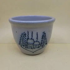 VTG ELDRETH POTTERY Salt Glazed Stoneware Crock Winter Houses Trees Christmas 4”