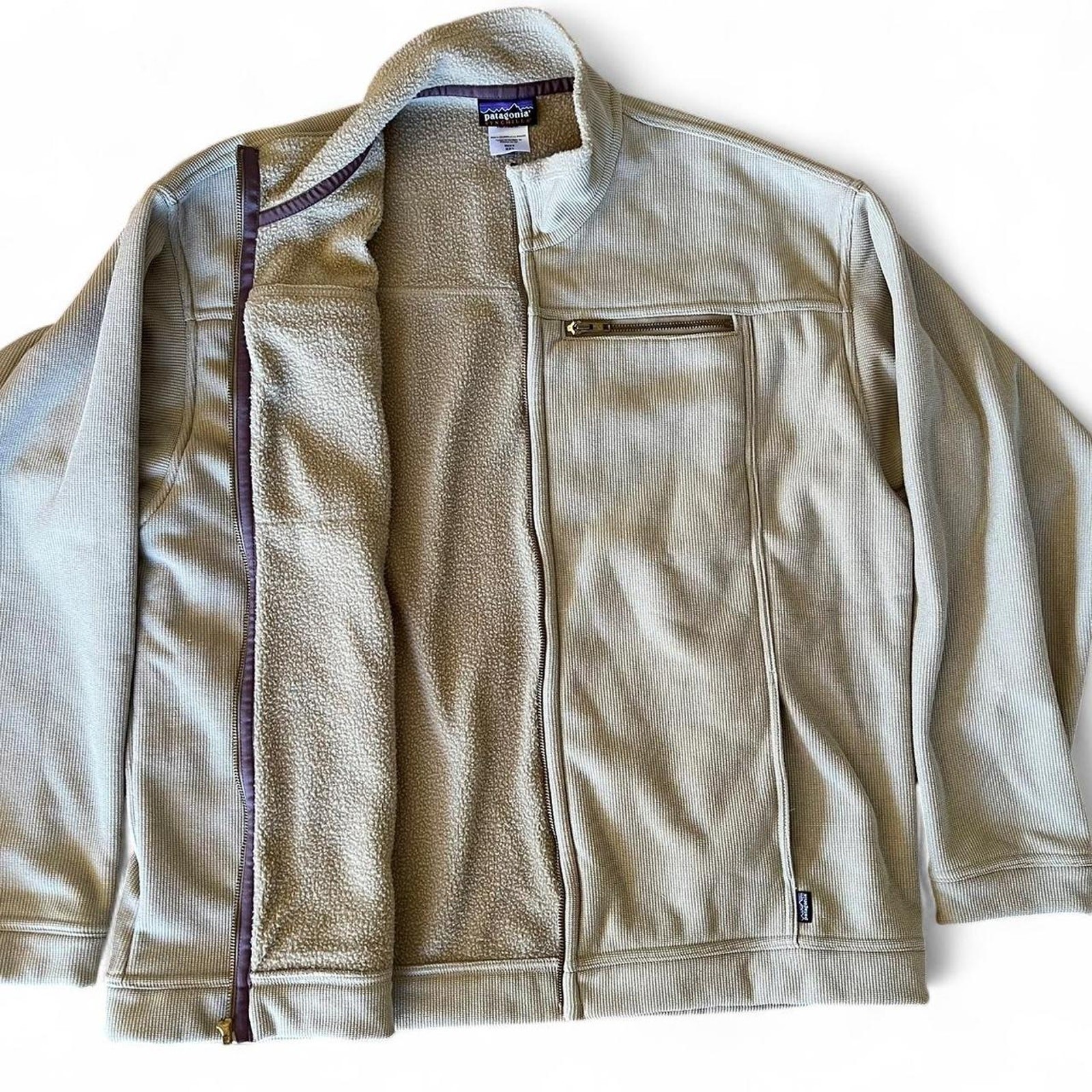 2005 vintage Patagonia Synchilla Tan Full Gold Zip Up Pockets Y2K XXL RARE Soft image 3