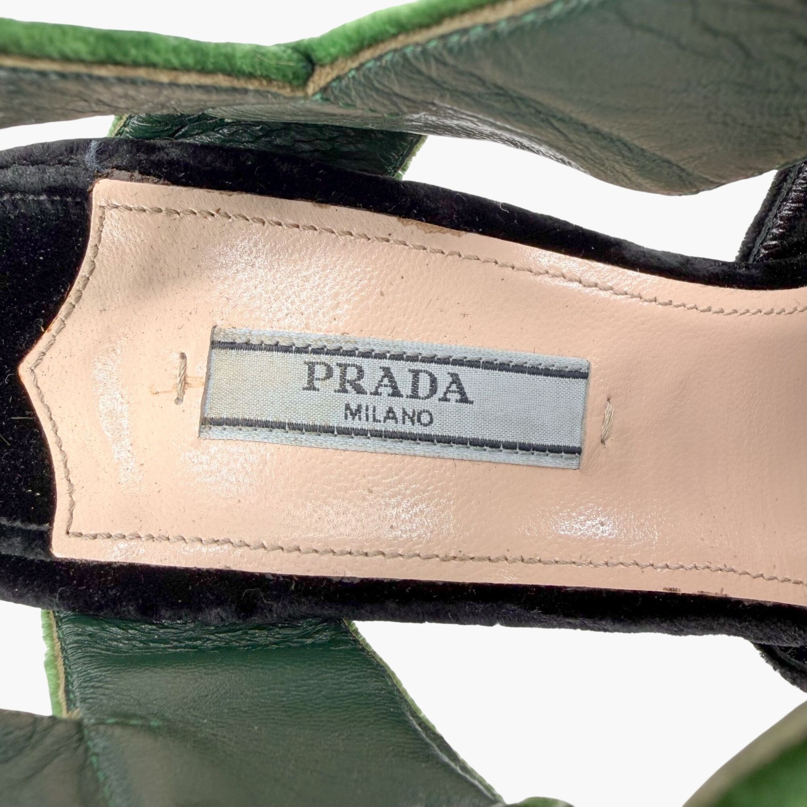 Prada Two-Tone Velvet Platform Sandals Heels Black Green Size 38 US 8 Peep Toe thumbnail 15