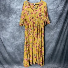 Melrose and Market Puff Sleeve Midi Dress Sz XXL Mustard Yellow Floral Cottage