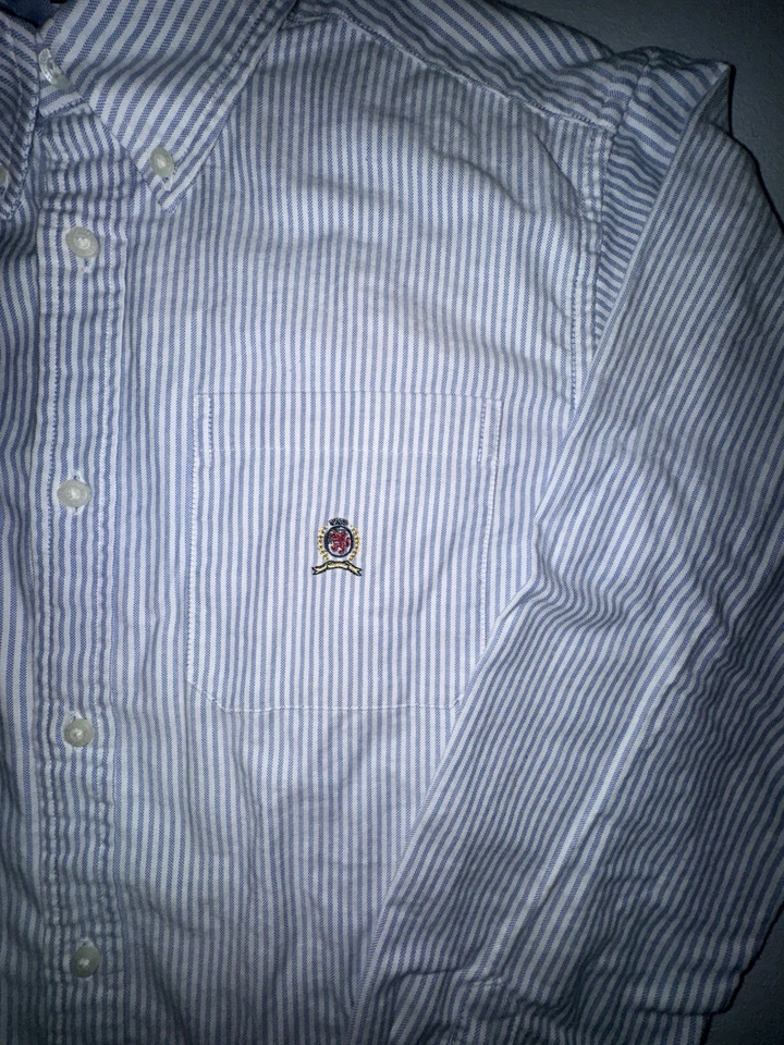 Camisa De Colección Y2K Tommy Hilfiger Abotonada Para Hombre Grande Blanca Azul Rayas Informal Foto 2 de 4