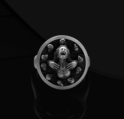 Memento Mori Men's Ring 925 Sterling Silver Oxidized Signet Ring Duty Free