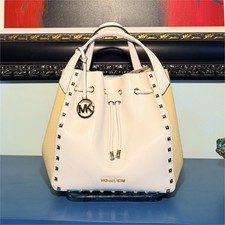 Michael Kors White/Beige Drawstring Bucket Bag Studded Logo Charm Gold HW