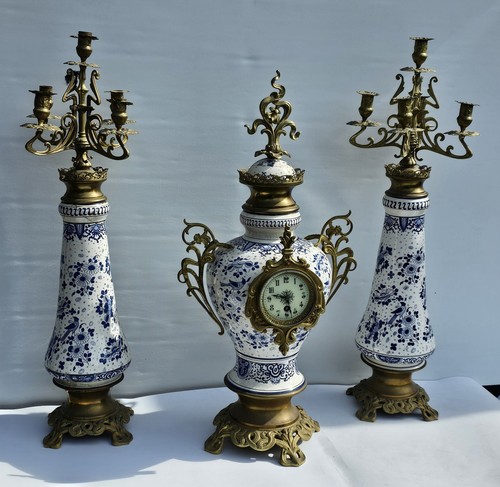 Delft Blue And White Clock Set Graniture Timepiece Movement Impressive Size 80cm - Picture 9 of 24