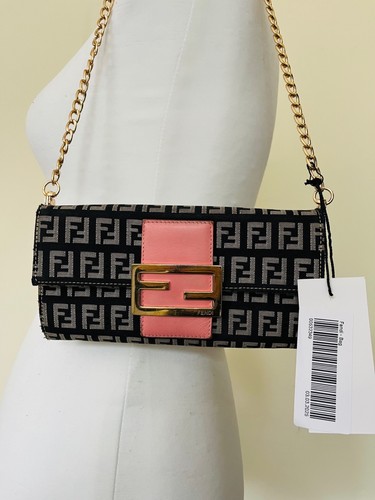 Fendi Vintage Zucca Continental cloth bag brown/black/pink leather & gold chain.