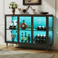 47" Wine Bar Cabinet w/ LED Light & Rack Glass Liquor Display Sideboard Buffet