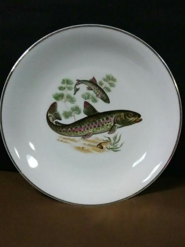 (5) Rare Antique E. Schaller Bavaria Fine Porcelain Gold Trim Fish Plate Set - Picture 4 of 11