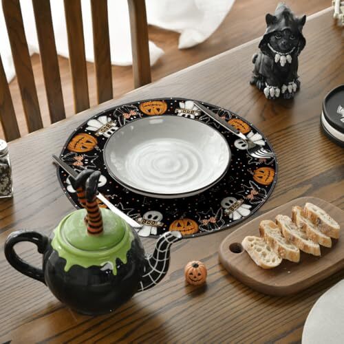 Geisterkatze Halloween runde Tischsets 4er Set, 14 14 Zoll, rund 4 Stck. schwarz/orange - Bild 4 von 7