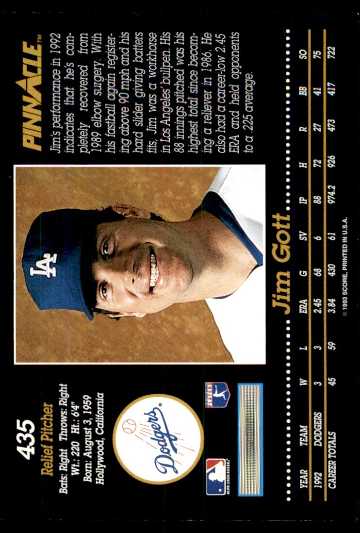 1993 Pinnacle Jim Gott Los Angeles Dodgers #435 | eBay