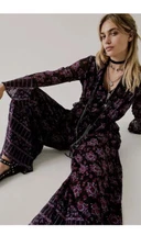 NWT Free People Anna Sui Cassiel Printed Jumpsuit Black Purple Bell Sleeve SzXS