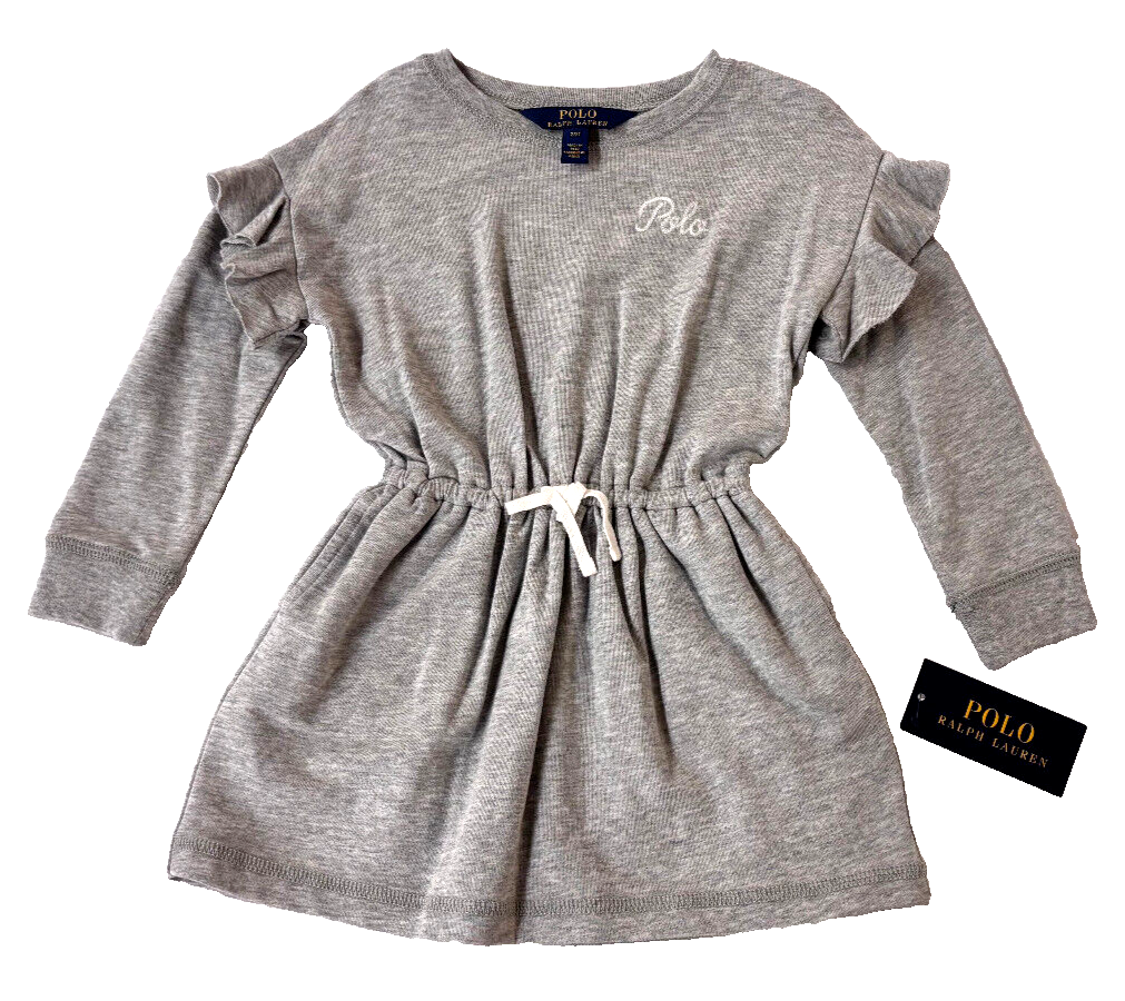 Polo Ralph Lauren Girls French Terry Ruffle Pocketed Dress Light Grey 2/2T NWT