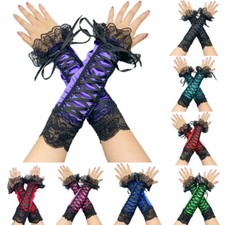 Lady Mid-length Oversleeve Glove Fingerless Lace Bandage Cosplay Dance Party