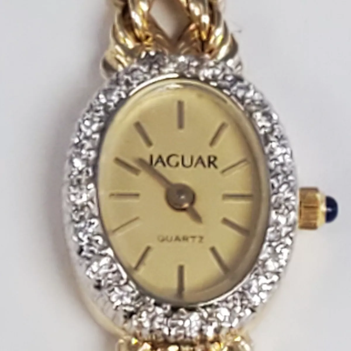 VINTAGE SOLID COMPLETE WATCH AND BAND 14 K GOLD JAGUAR DIAMOND