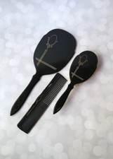 Black Celluloid Dupont USA Vanity Set Vintage Mirror Comb  Brush Art Deco