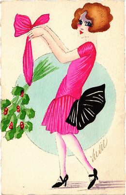 PC ARTIST SIGNED, SUSIE, GLAMOUR LADY WITH MISTLETOE, Vintage Postcard (b51395)