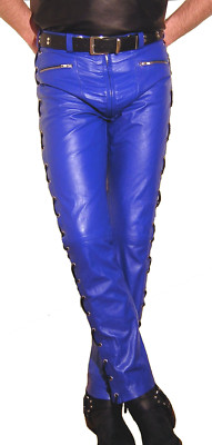 LEDERHOSE blau Schnürjeans neu Schnürlederhose Designer Lederjeans Cuir leather