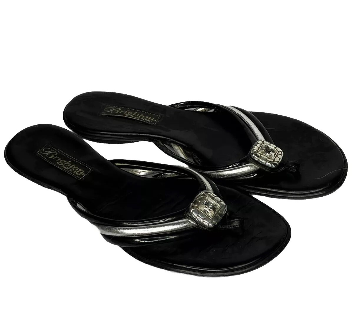 APL Brighton sandali tanga neri strass misura 7 pelle piatta scarpe punta aperta