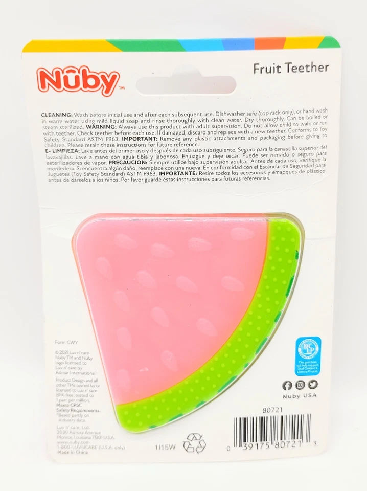 Nuby 100% Silicone Watermelon Fruit Teether Baby Teething Mittens, Pacifier Clip - Image 4 of 4