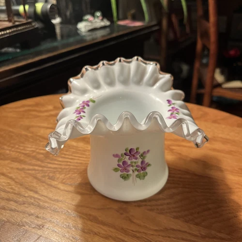 Fenton VIOLET IN THE SNOW HAND PAINTED Silver Crest  LARGE TOP HAT  6 Inches