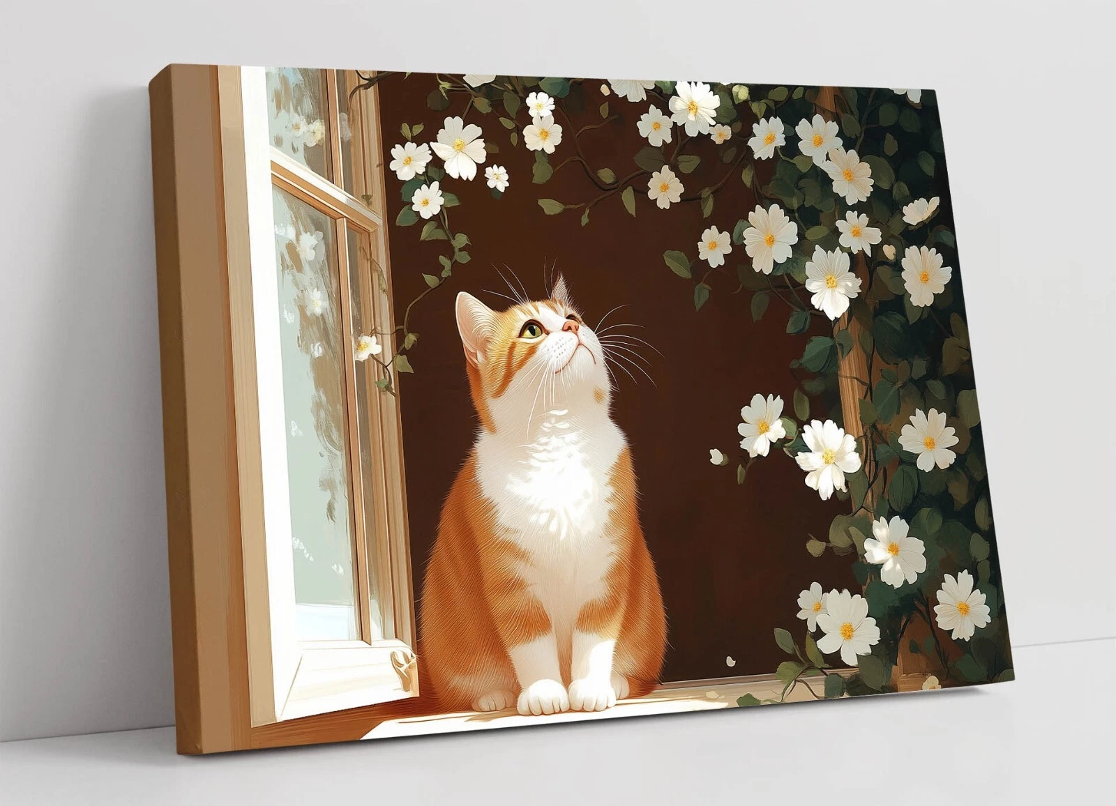 CUTE ORANGE CAT BY WINDOW WITH FLOWERS FRAMED CANVAS WALL ART PICTURE PRINT