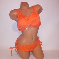 Venus Swim Bikini Large Top Size 12 Bottom Orange Solid Lace Up Sides Lightly Li