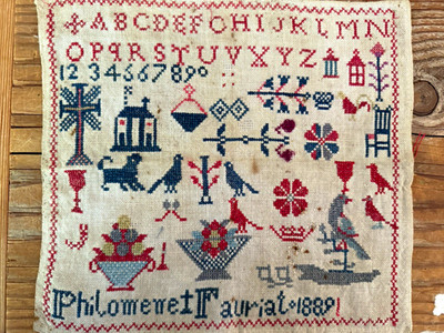 Handmade Philomene  Cross Stitch Sampler 1889 Alphabet Birds Ship Motifs Vintage