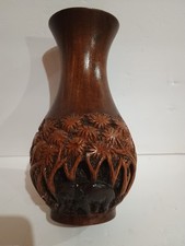 Hand Carved Wooden Vase With Elephants And Palm Trees