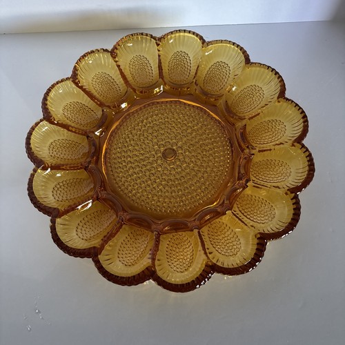 Vintage MCM Indiana Glass Hobnail Amber Deviled Egg Serving Plate-Heavy Weight