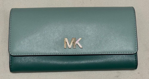 Michael Kors Large Trifold Wallet Two Tone Green Leather Gold MK Logo