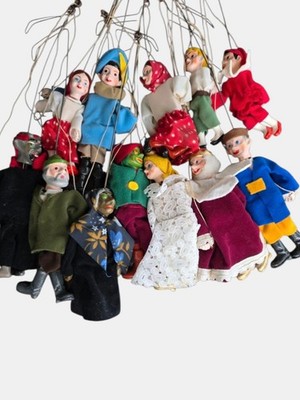 Vintage Tschechische Marionette Puppe Set um 1950 Spielzeug Volkskunst Sammlerstück