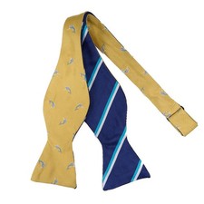 Brooks Brothers Silk Bow Tie Reversible Blue Stripe Gold Sailfish Self-Tie USA