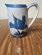 Signed Tonala Pitcher Blue Bird & Flowers Hand Painted Mexico Large 7" Vintage