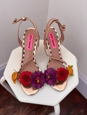 Betsey Johnson Floral Ankle Strap Sandals Gold Metallic Size 6.5