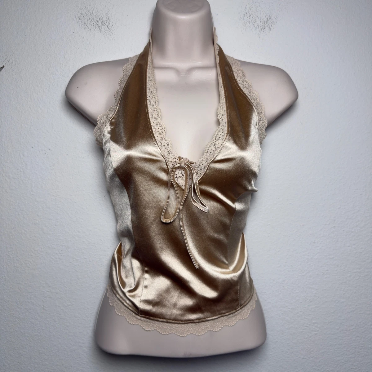 Thirty Thirty Women Y2K Halter Fairy Top Gold Satin Lace Trim Open Back Club